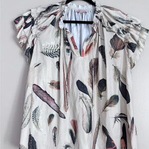 Feather-Print Ruffle-Sleeve Tunic Top